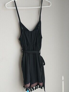 Cupshe Black Spaghetti Strap Tassel Romper with Embroidered Trim